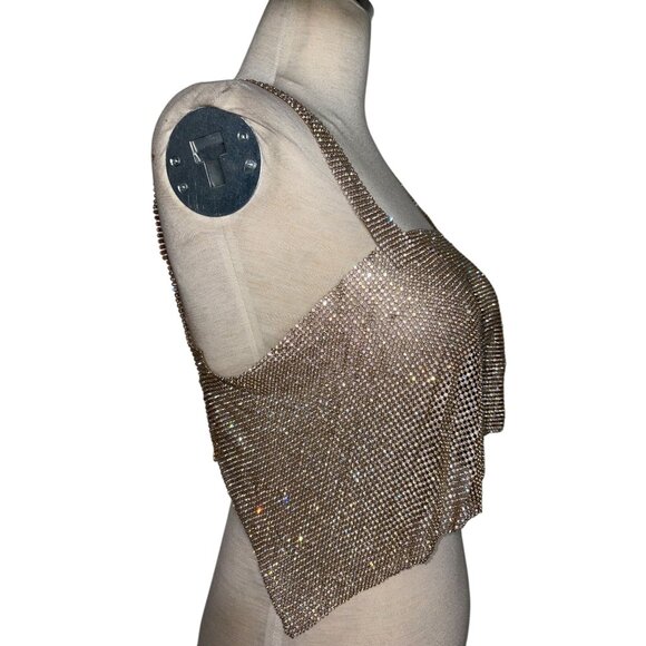 superdown Womens Mackenzie Crop Top in Gold X-Small New Crystal Chainmail Tank - Picture 7 of 12